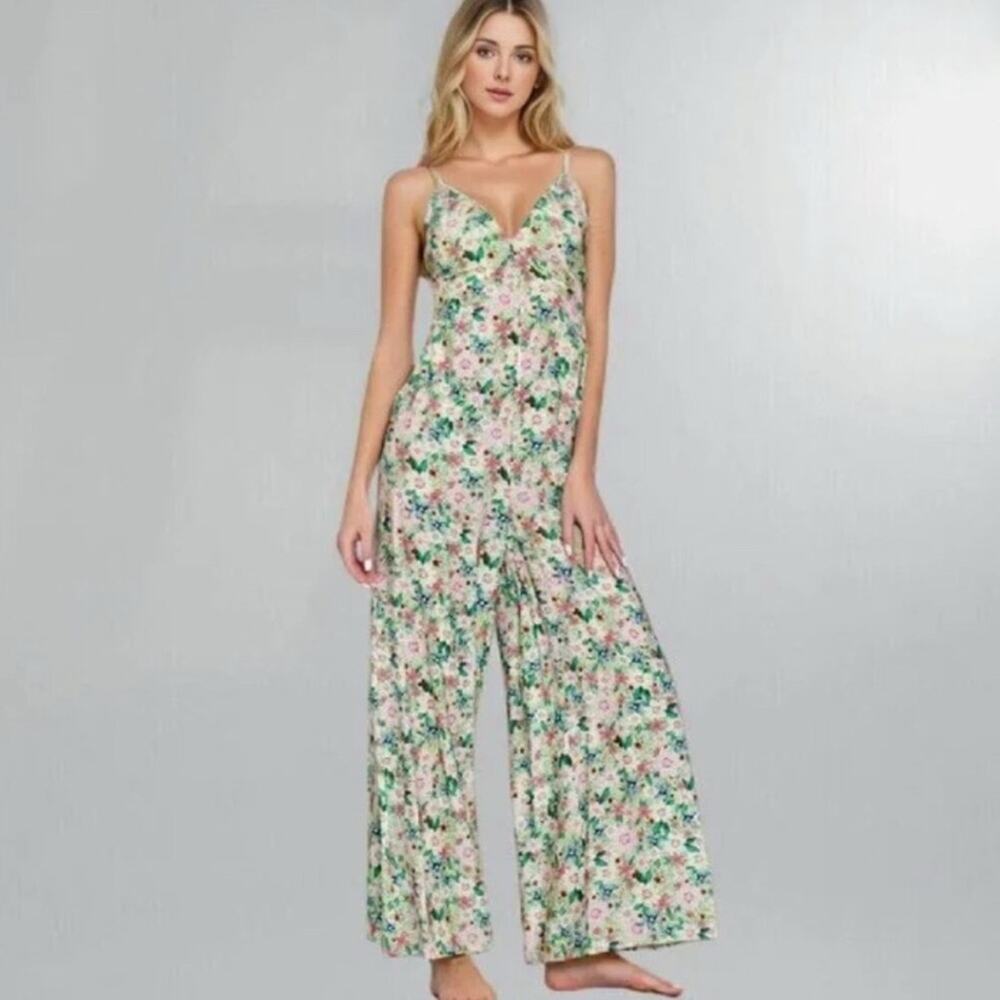 AAKAA Akira Floral Wide Leg Jumpsuit Size Small Green/Pink NWT